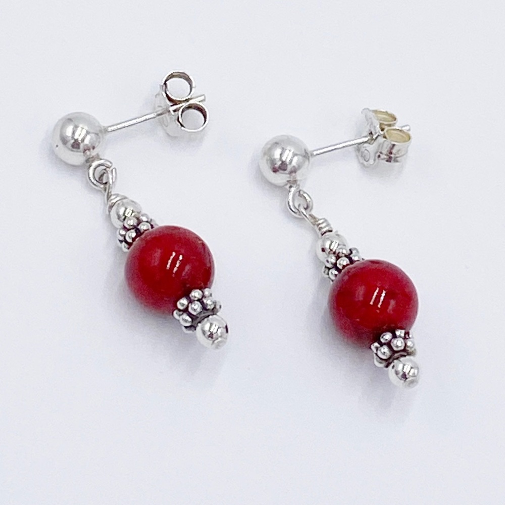 Sterling Silver Natural Red Stone Dangle Earrings